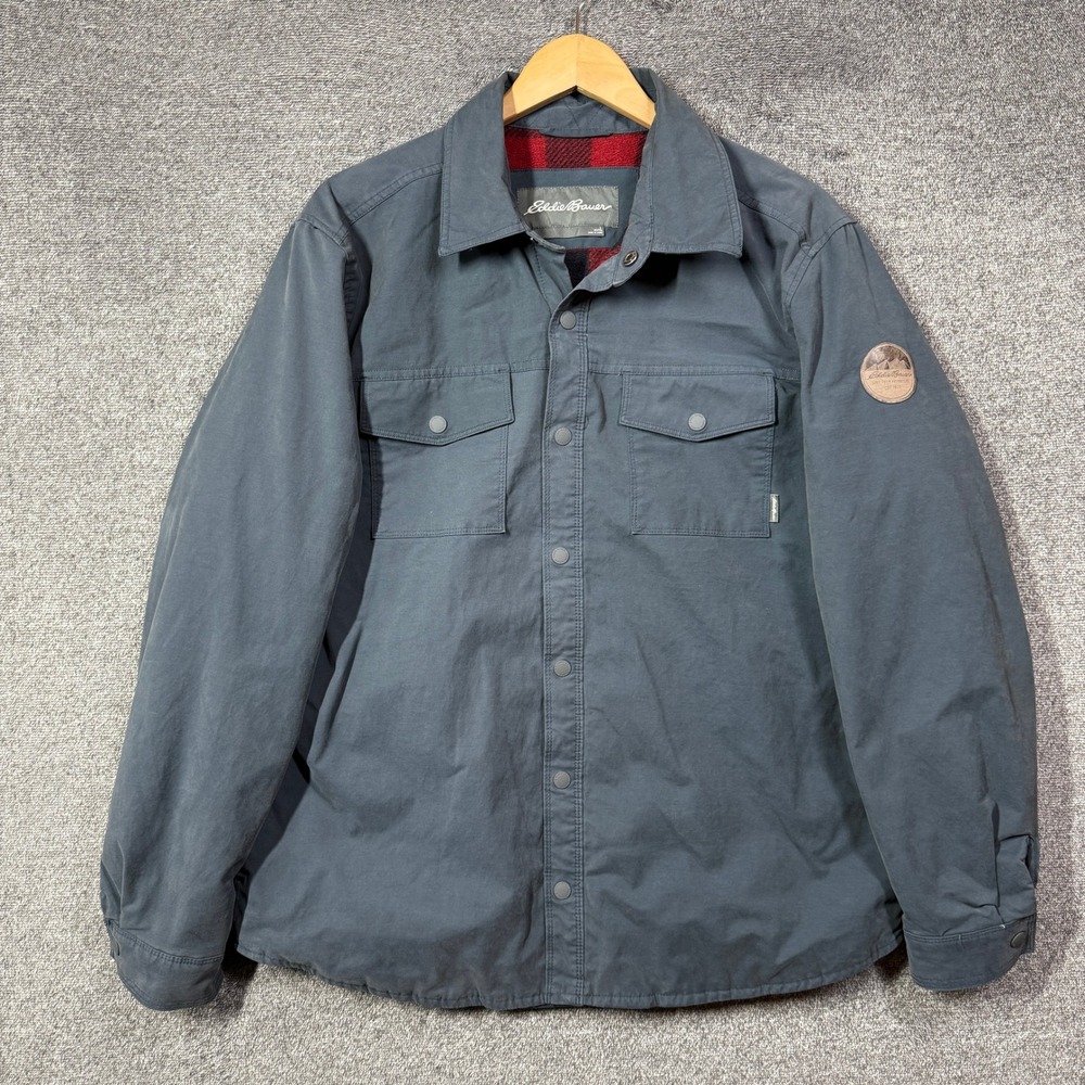 Eddie Bauer Jacket Mens L Fleece Lined Canvas Shirt Blue Gray Plaid Large
